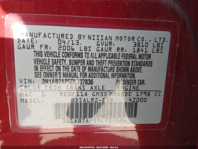 2013 Nissan Sentra Sr მანქანა იყიდება აუქციონზე, vin: 3N1AB7AP5DL707836, აუქციონის ნომერი: 45167619
