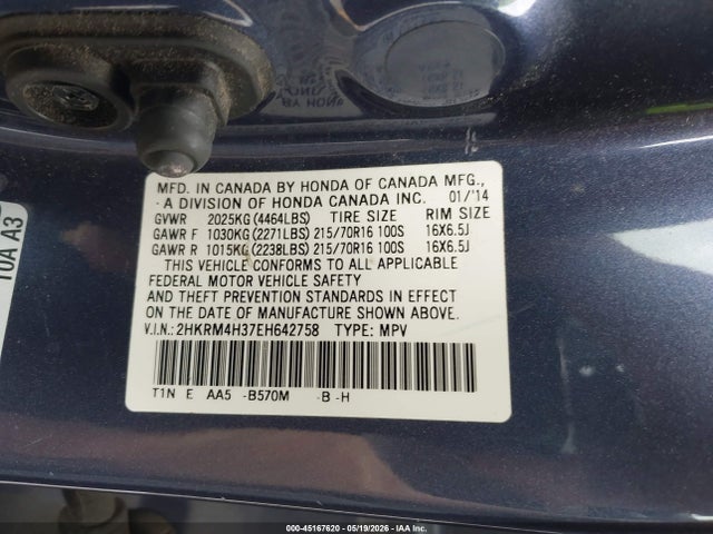 45167620 :رقم المزاد ، 2HKRM4H37EH642758 vin ، 2014 Honda Cr-v Lx مزاد بيع