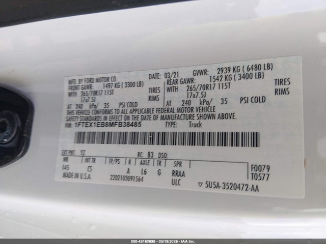 45167626 :رقم المزاد ، 1FTEX1EB8MFB38485 vin ، 2021 Ford F-150 Xl مزاد بيع