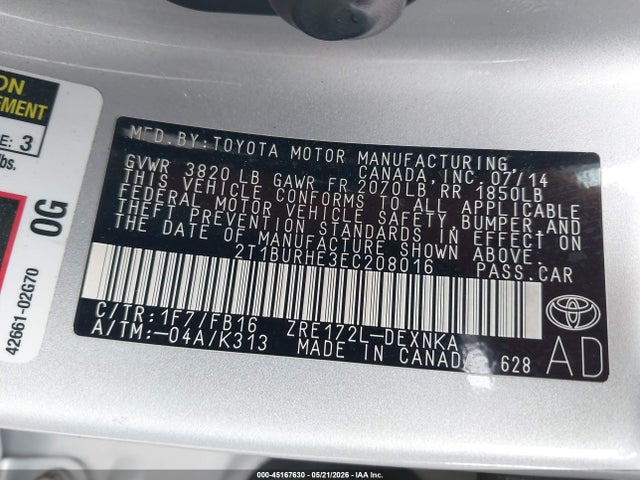 Aukcja sprzedaży 2014 Toyota Corolla Le, vin: 2T1BURHE3EC208016, numer aukcji: 45167630