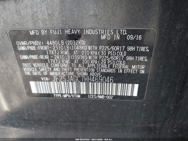 45167633 :رقم المزاد ، JF2SJAGC7HH469046 vin ، 2017 Subaru Forester 2.5i Premium مزاد بيع