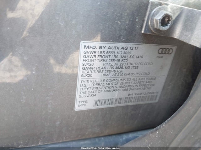 Продажа на аукционе авто 2018 Audi Q7 3.0t Premium, vin: WA1VAAF72JD026116, номер лота: 45167634
