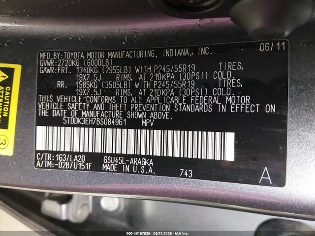 Aukcja sprzedaży 2011 Toyota Highlander Limited V6, vin: 5TDDK3EH7BS084961, numer aukcji: 45167636