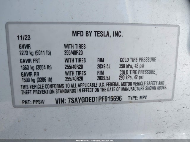 Tesla Model Y Rwd 2023 7SAYGDED1PF915696 Image 9