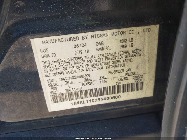 Aukcja sprzedaży 2005 Nissan Altima 2.5 S, vin: 1N4AL11D25N400600, numer aukcji: 45167638
