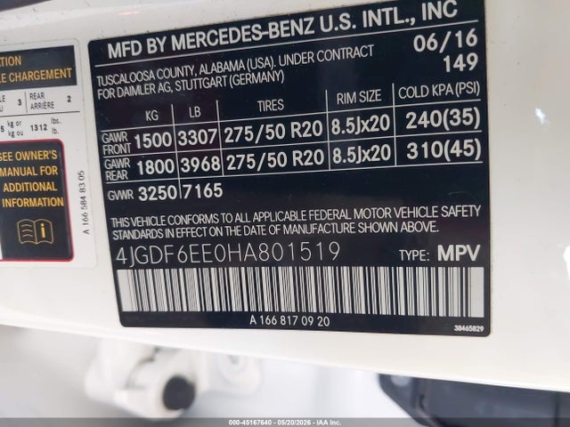 45167640 :رقم المزاد ، 4JGDF6EE0HA801519 vin ، 2017 Mercedes-benz Gls 450 4matic مزاد بيع