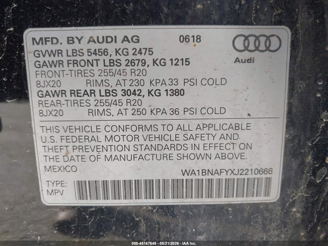 2018 Audi Q5 2.0t Premium/2.0t Tech Premium მანქანა იყიდება აუქციონზე, vin: WA1BNAFYXJ2210666, აუქციონის ნომერი: 45167646