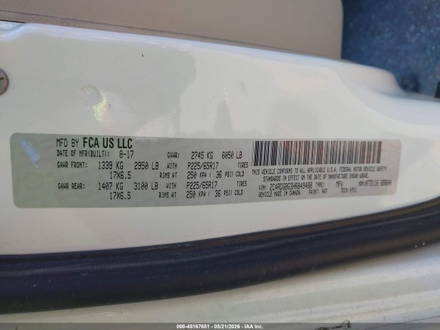 45167651 :رقم المزاد ، 2C4RDGBG3HR849488 vin ، 2017 Dodge Grand Caravan Se مزاد بيع