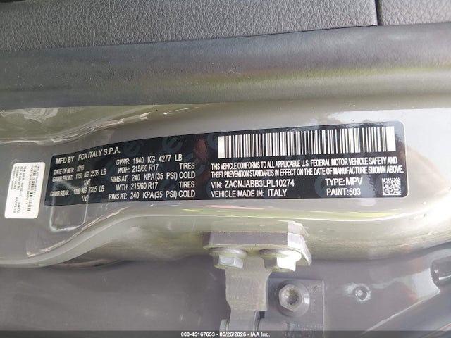 Aukcja sprzedaży 2020 Jeep Renegade Latitude Fwd, vin: ZACNJABB3LPL10274, numer aukcji: 45167653