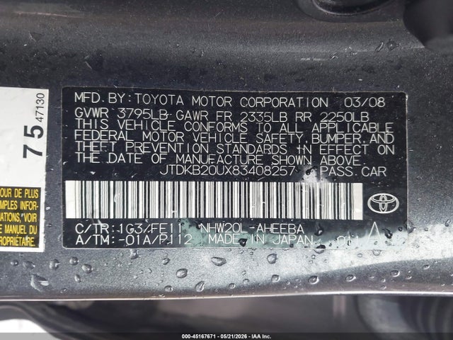 Aukcja sprzedaży 2008 Toyota Prius, vin: JTDKB20UX83408257, numer aukcji: 45167671