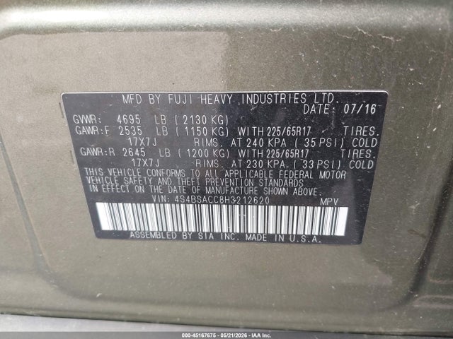 Auction sale of the 2017 Subaru Outback 2.5i Premium, vin: 4S4BSACC8H3212620, lot number: 45167675
