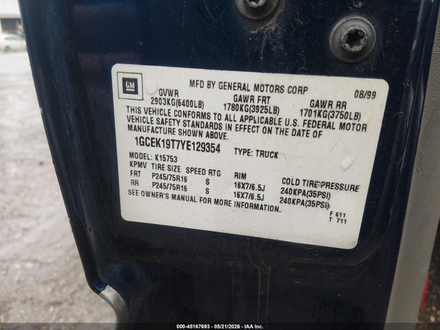 2000 Chevrolet Silverado 1500 Ls მანქანა იყიდება აუქციონზე, vin: 1GCEK19T7YE129354, აუქციონის ნომერი: 45167693