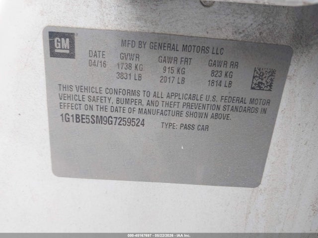 45167697 :رقم المزاد ، 1G1BE5SM9G7259524 vin ، 2016 Chevrolet Cruze Lt Auto مزاد بيع