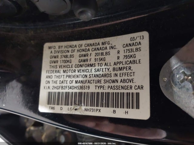 45167698 :رقم المزاد ، 2HGFB2F54DH536519 vin ، 2013 Honda Civic Lx مزاد بيع