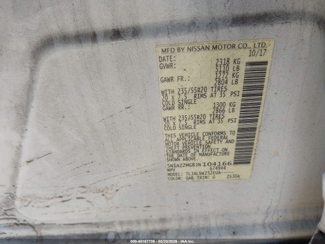 Продаж на аукціоні авто 2018 Nissan Murano Platinum, vin: 5N1AZ2MG8JN104166, номер лоту: 45167706