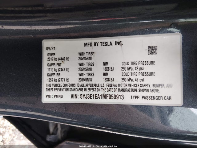 Aukcja sprzedaży 2021 Tesla Model 3 Standard Range Plus Rear-wheel Drive, vin: 5YJ3E1EA1MF059913, numer aukcji: 45167712