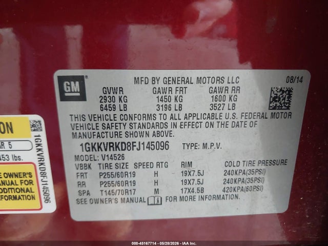 Aukcja sprzedaży 2015 Gmc Acadia Slt-1, vin: 1GKKVRKD8FJ145096, numer aukcji: 45167714
