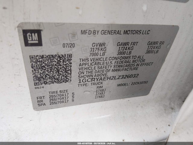 Aukcja sprzedaży 2020 Chevrolet Silverado 1500 4wd  Standard Bed Wt, vin: 1GCRYAEH2LZ326032, numer aukcji: 45167724