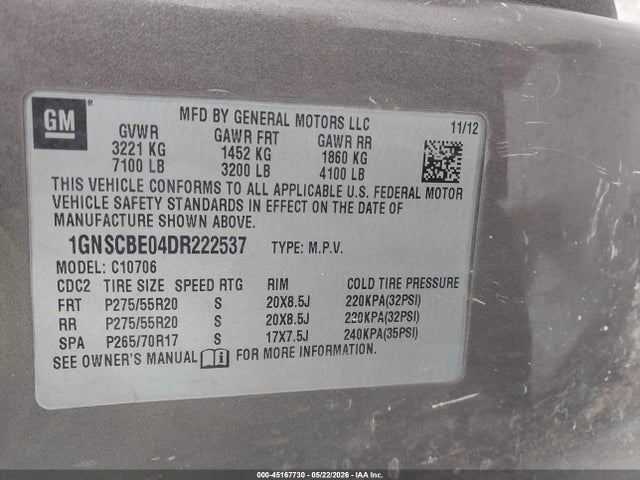 45167730 :رقم المزاد ، 1GNSCBE04DR222537 vin ، 2013 Chevrolet Tahoe Lt مزاد بيع