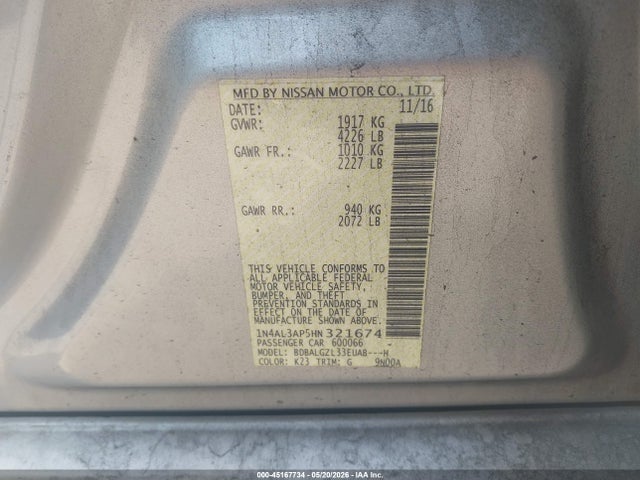 Продаж на аукціоні авто 2017 Nissan Altima 2.5 S, vin: 1N4AL3AP5HN321674, номер лоту: 45167734