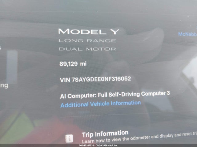 45167738 :رقم المزاد ، 7SAYGDEE0NF316052 vin ، 2022 Tesla Model Y Long Range Dual Motor All-wheel Drive مزاد بيع