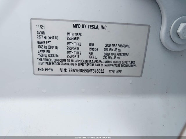 45167738 :رقم المزاد ، 7SAYGDEE0NF316052 vin ، 2022 Tesla Model Y Long Range Dual Motor All-wheel Drive مزاد بيع