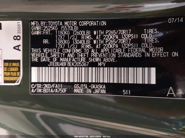 45167758 :رقم المزاد ، JTEBU4BF8EK205367 vin ، 2014 Toyota Fj Cruiser مزاد بيع