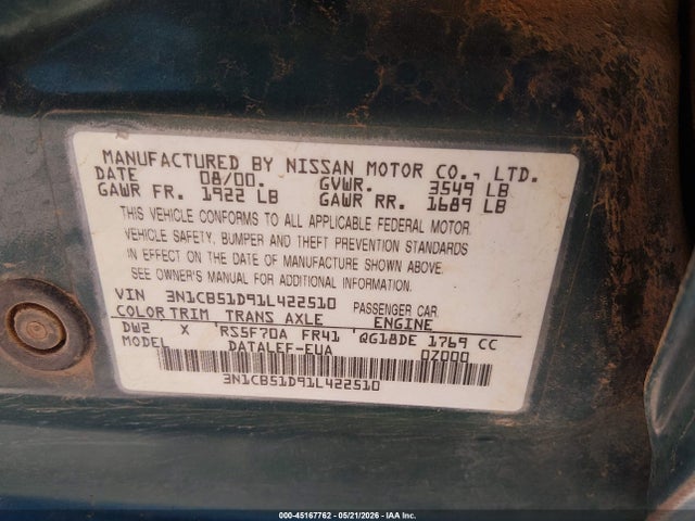 45167762 :رقم المزاد ، 3N1CB51D91L422510 vin ، 2001 Nissan Sentra Gxe مزاد بيع