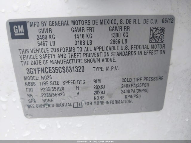 Aukcja sprzedaży 2012 Cadillac Srx Premium Collection, vin: 3GYFNCE35CS631320, numer aukcji: 45167778