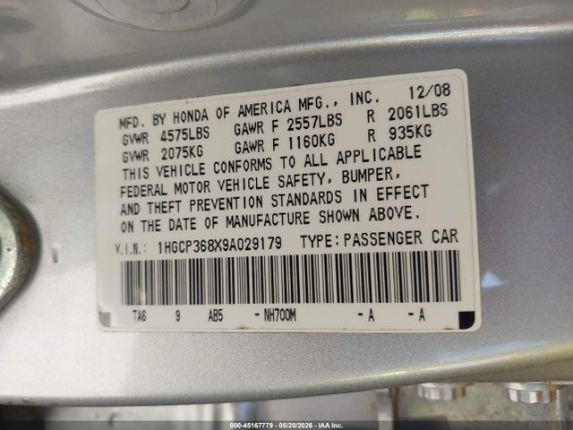 45167779 :رقم المزاد ، 1HGCP368X9A029179 vin ، 2009 Honda Accord 3.5 Ex-l مزاد بيع