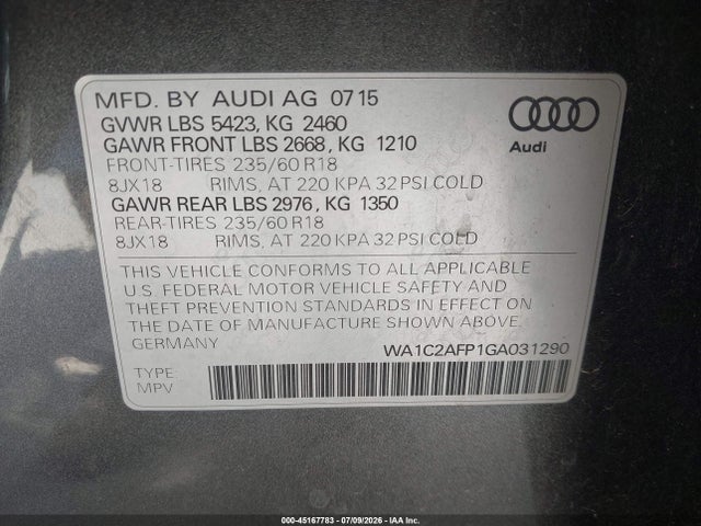 Продаж на аукціоні авто 2016 Audi Q5 2.0t Premium, vin: WA1C2AFP1GA031290, номер лоту: 45167783