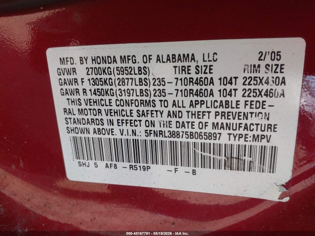 Auction sale of the 2005 Honda Odyssey Touring, vin: 5FNRL38875B065897, lot number: 45167791
