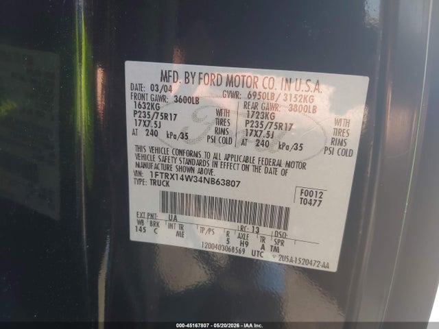 Aukcja sprzedaży 2004 Ford F-150 Stx/xl/xlt, vin: 1FTRX14W34NB63807, numer aukcji: 45167807