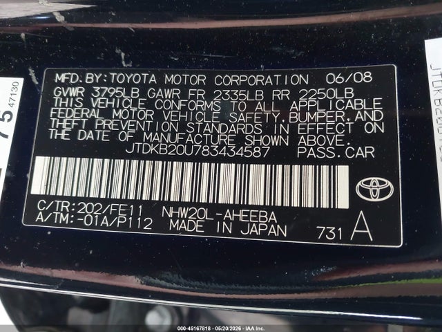 Aukcja sprzedaży 2008 Toyota Prius Standard, vin: JTDKB20U783434587, numer aukcji: 45167818