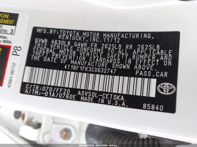 45167823 :رقم المزاد ، 4T1BF1FK3CU632747 vin ، 2012 Toyota Camry Se Limited Edition مزاد بيع