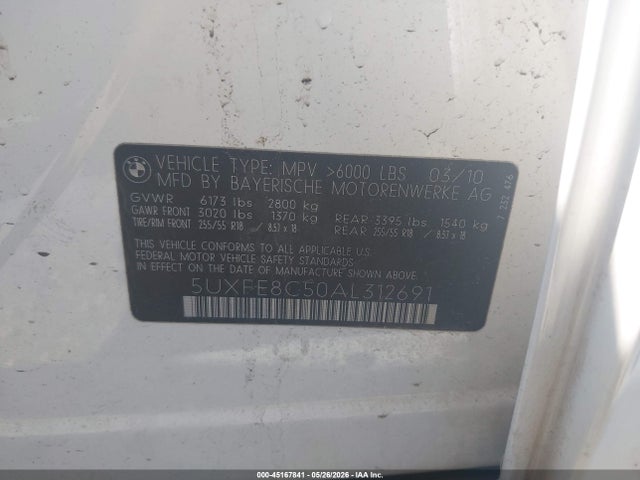 2010 Bmw X5 Xdrive48i მანქანა იყიდება აუქციონზე, vin: 5UXFE8C50AL312691, აუქციონის ნომერი: 45167841