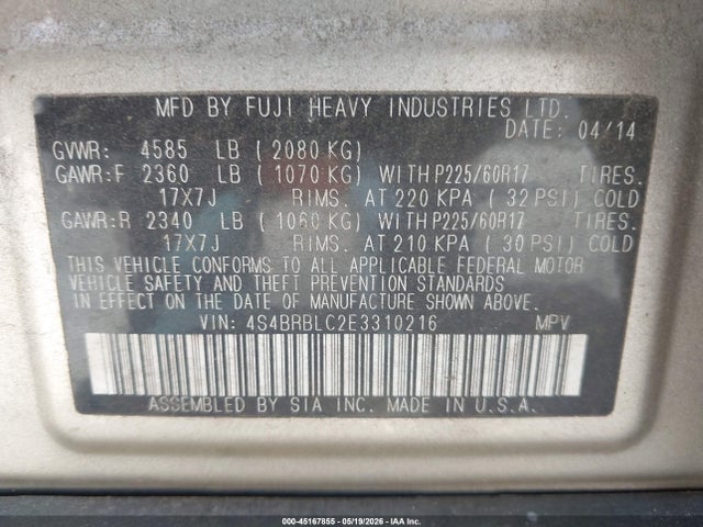 45167855 :رقم المزاد ، 4S4BRBLC2E3310216 vin ، 2014 Subaru Outback 2.5i Limited مزاد بيع