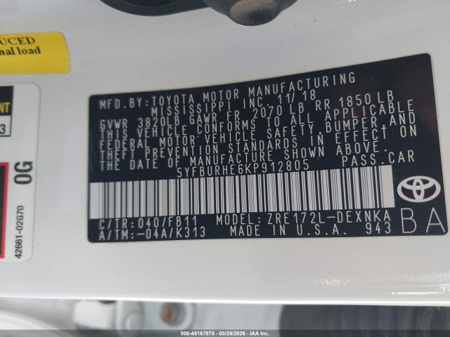 Toyota COROLLA LE 2019 5YFBURHE6KP912805 Image 9