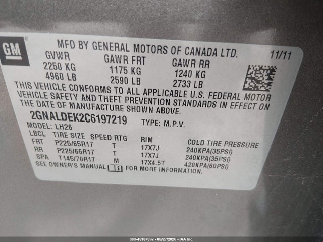 Продаж на аукціоні авто 2012 Chevrolet Equinox 1lt, vin: 2GNALDEK2C6197219, номер лоту: 45167897