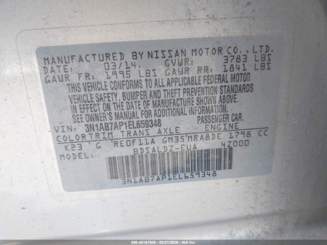 Aukcja sprzedaży 2014 Nissan Sentra Fe+ S/fe+ Sv/s/sl/sr/sv, vin: 3N1AB7AP1EL659348, numer aukcji: 45167905