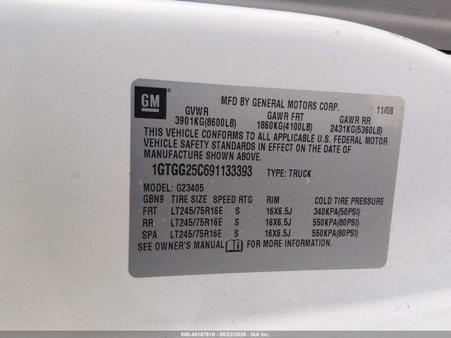 Aukcja sprzedaży 2009 Gmc Savana 2500 Work Van, vin: 1GTGG25C691133393, numer aukcji: 45167910