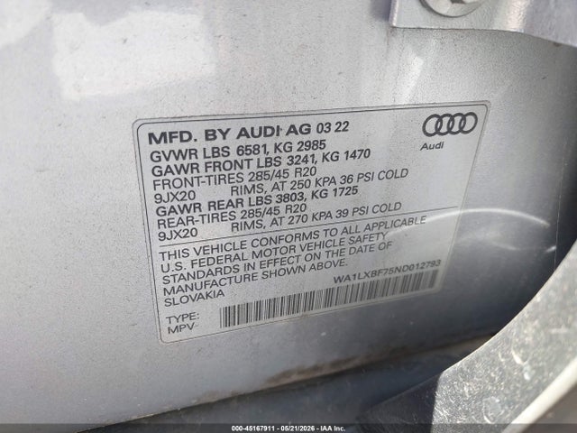 45167911 :رقم المزاد ، WA1LXBF75ND012793 vin ، 2022 Audi Q7 Premium Plus 55 Tfsi Quattro Tiptronic مزاد بيع