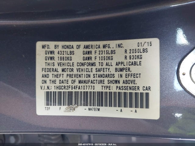 45167919 :رقم المزاد ، 1HGCR2F54FA107770 vin ، 2015 Honda Accord Sport مزاد بيع