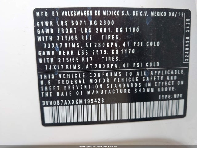 Продаж на аукціоні авто 2019 Volkswagen Tiguan 2.0t S, vin: 3VV0B7AXXKM199428, номер лоту: 45167920