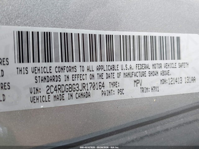 45167928 :رقم المزاد ، 2C4RDGBG3JR170164 vin ، 2018 Dodge Grand Caravan Se مزاد بيع