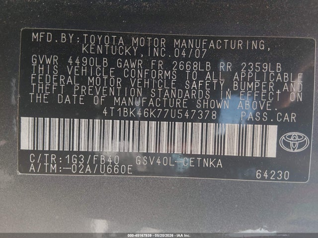 Продажа на аукционе авто 2007 Toyota Camry Le V6, vin: 4T1BK46K77U547378, номер лота: 45167939