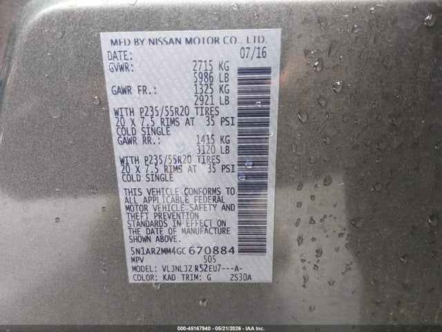 Aukcja sprzedaży 2016 Nissan Pathfinder Platinum, vin: 5N1AR2MM4GC670884, numer aukcji: 45167940