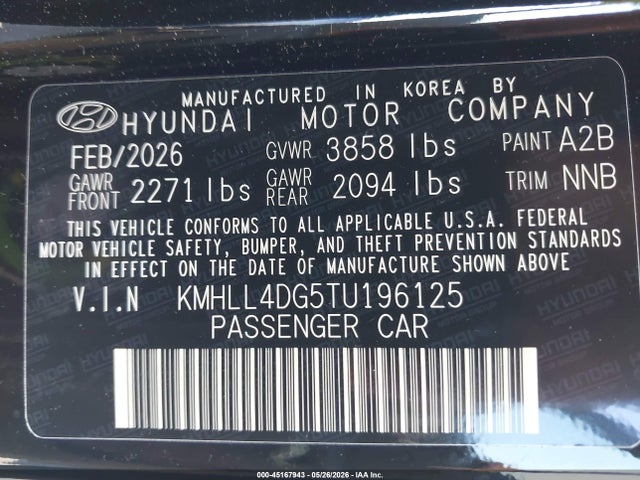 Auction sale of the 2026 Hyundai Elantra Se, vin: KMHLL4DG5TU196125, lot number: 45167943