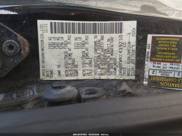 45167953 :رقم المزاد ، 1N6AD0CW9CC419750 vin ، 2012 Nissan Frontier Sv مزاد بيع