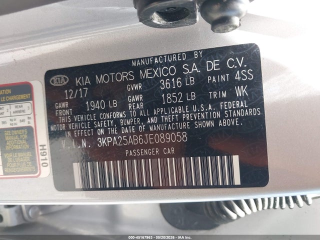 Aukcja sprzedaży 2018 Kia Rio S, vin: 3KPA25AB6JE089058, numer aukcji: 45167963